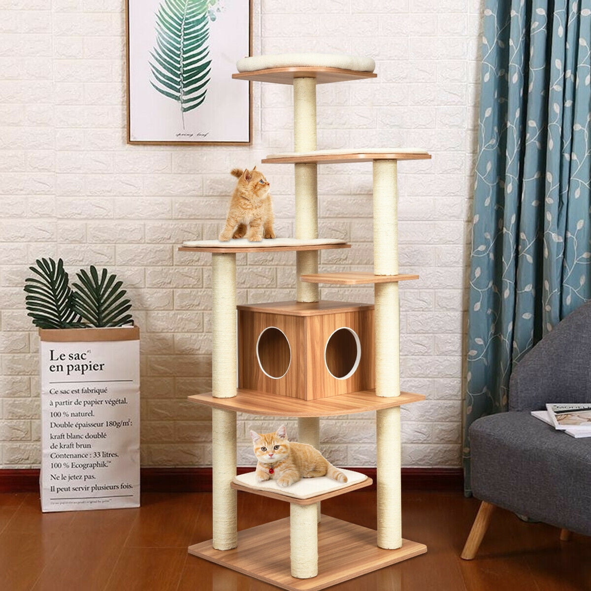 7-Layer Wooden Cat Tree Tower with Sisal Posts & Condo - Natural Finish