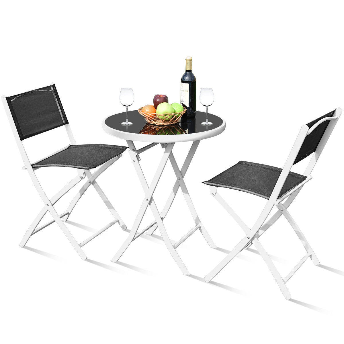 3-Piece Patio Bistro Set with Folding Chairs & Glass Table - Black Textile