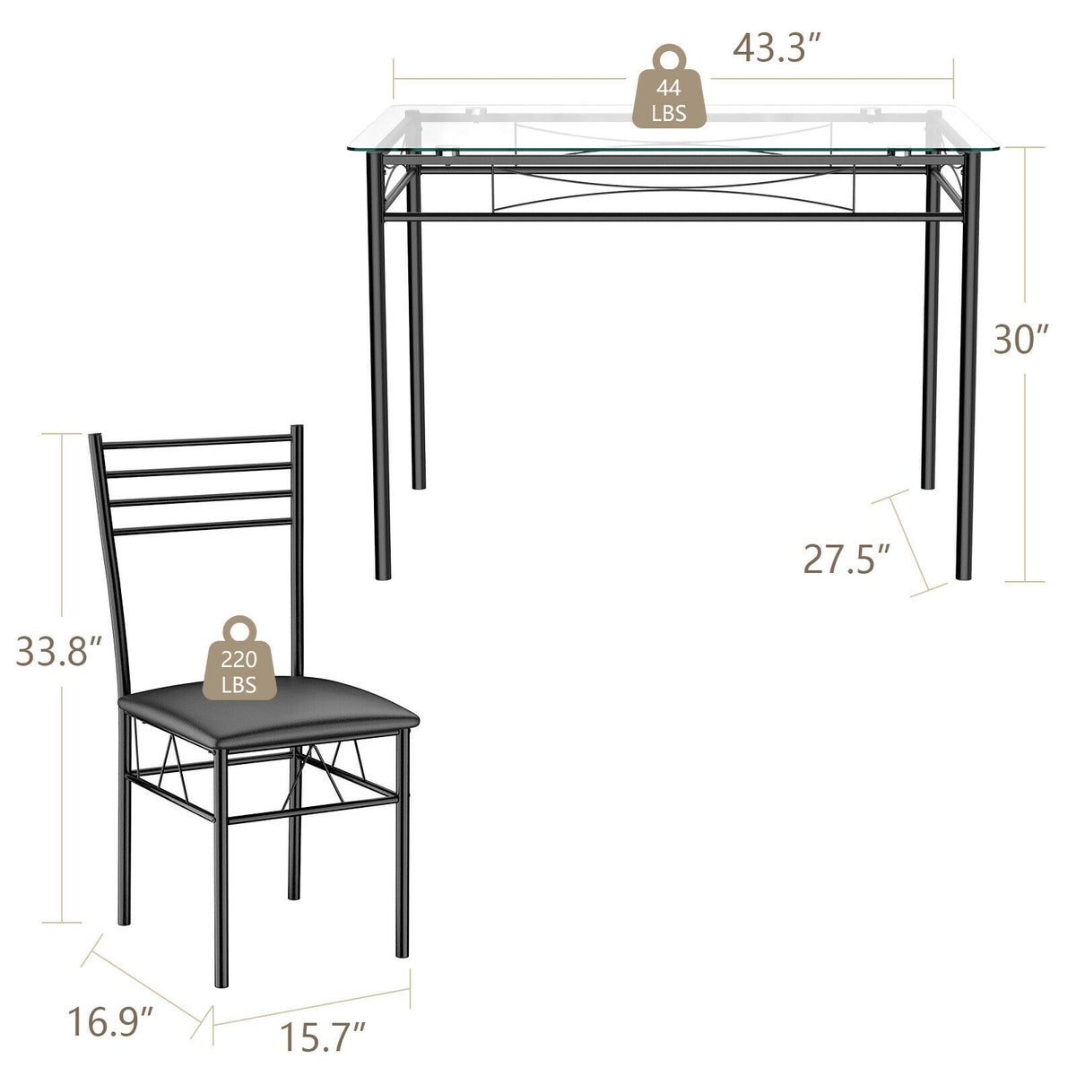 5-Piece Dining Set with Tempered Glass Top Table and 4 Upholstered Chairs