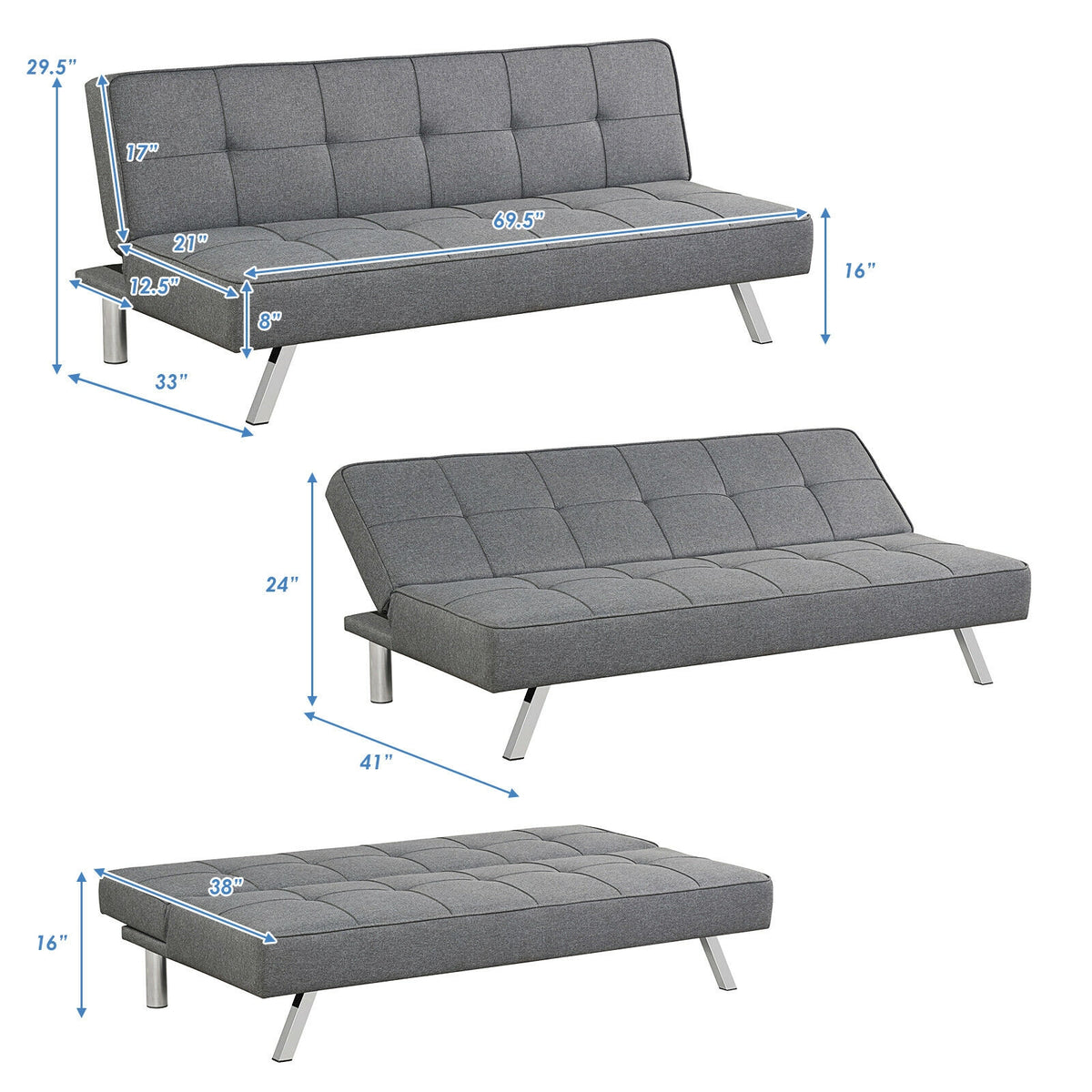 3-Seat Convertible Sofa Bed with Adjustable Angles