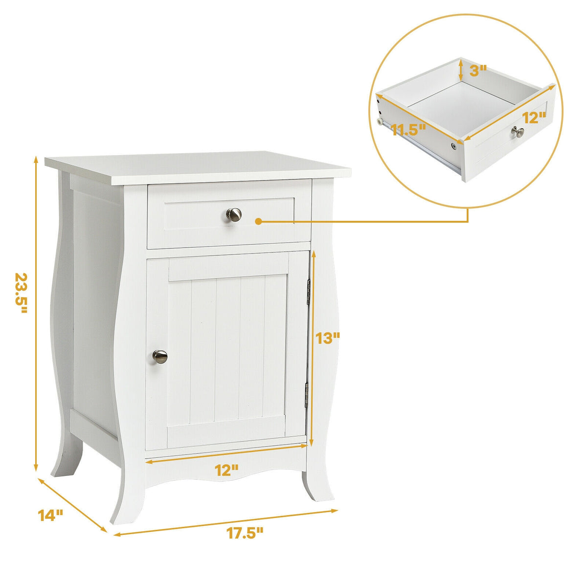 White Wooden End Table with Drawer and Cabinet Storage