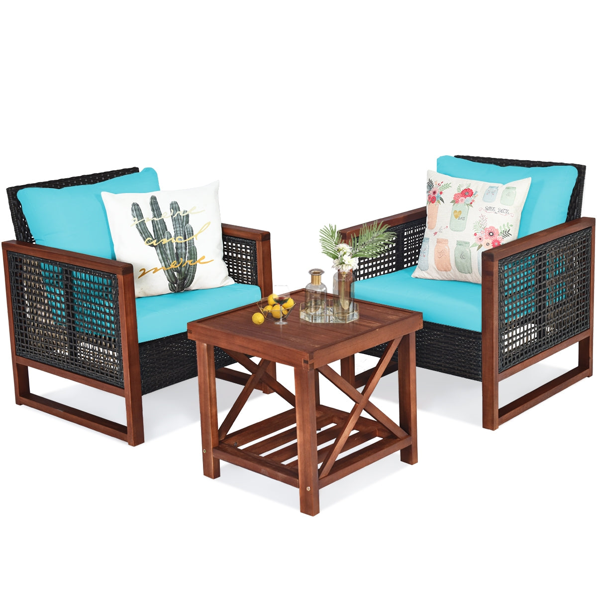 3 Pieces Acacia Wood Patio Furniture Set with Coffee Table