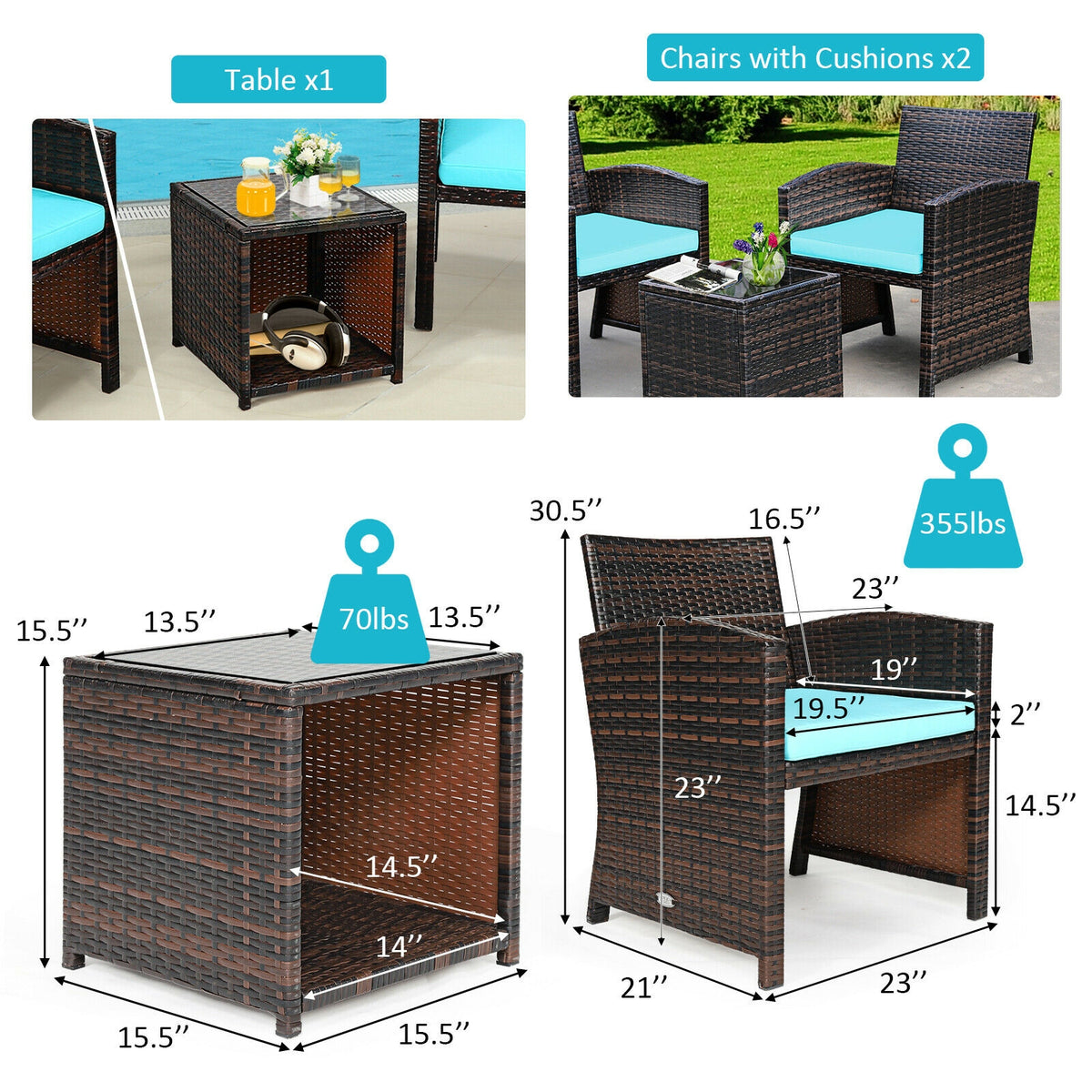3 Pieces PE Rattan Wicker Furniture Set with Cushion Sofa Coffee