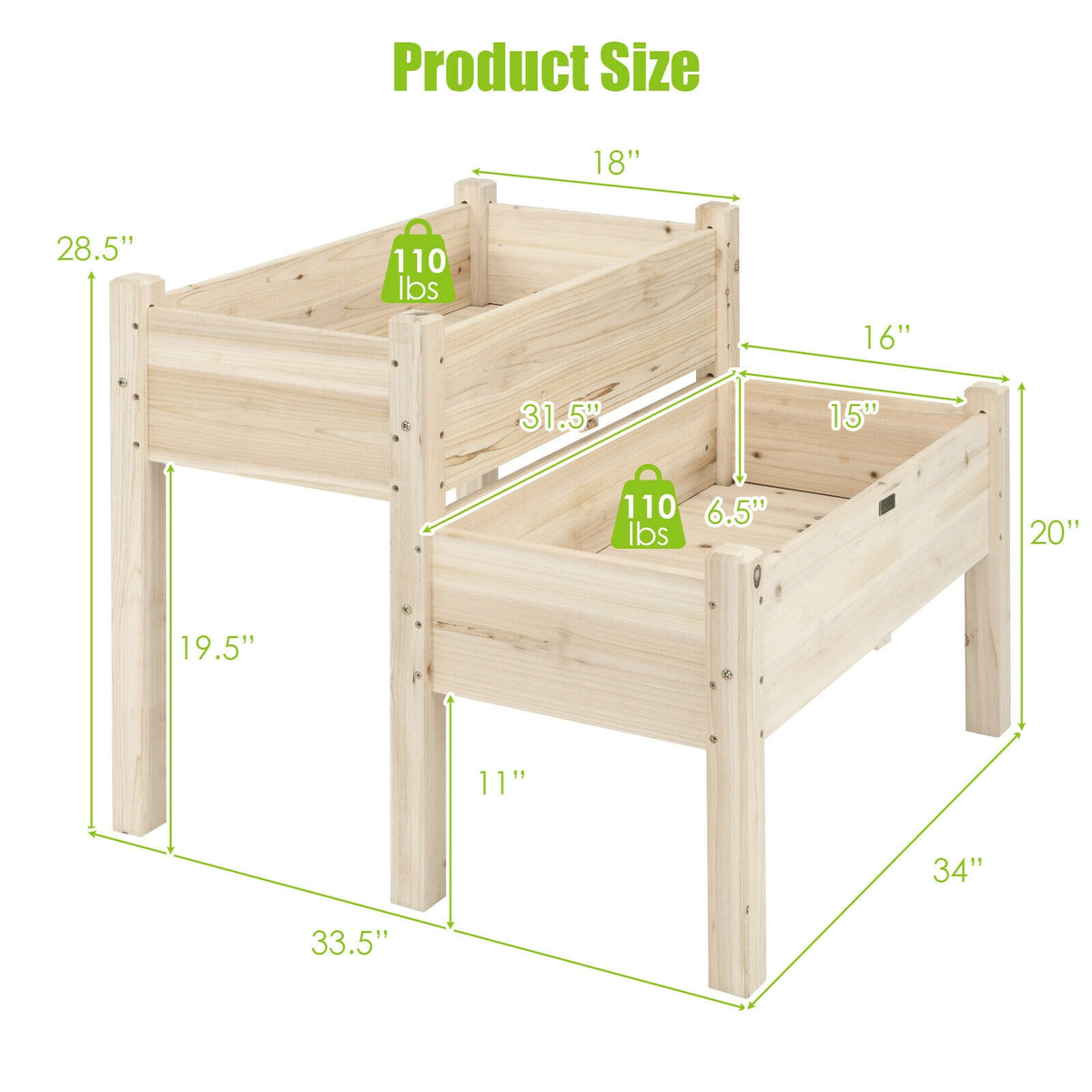 2 Tier Wooden Raised Garden Bed with Legs - Natural