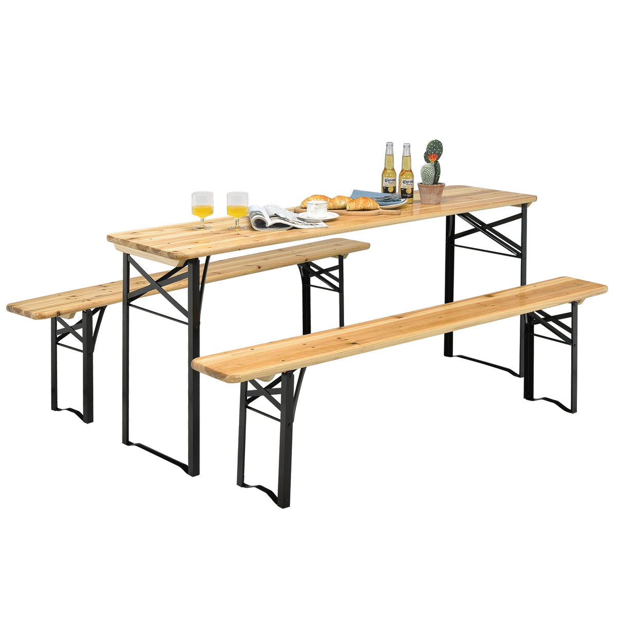 Patio Picnic Table Bench Set with Acacia Wood Tabletop and Benchtop