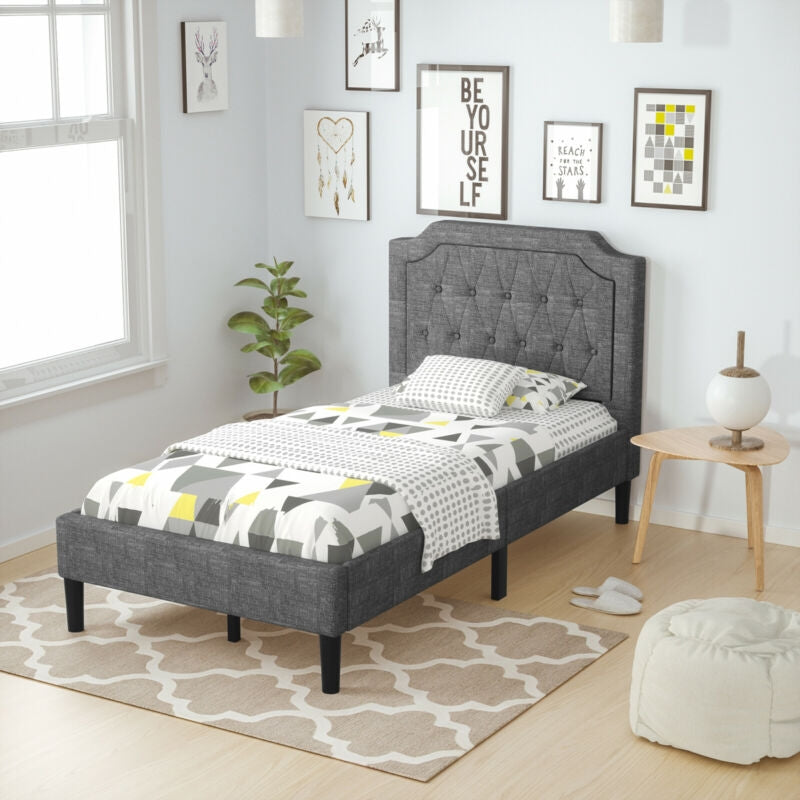 Linen Twin Upholstered Platform Bed with Button-Tufted Headboard