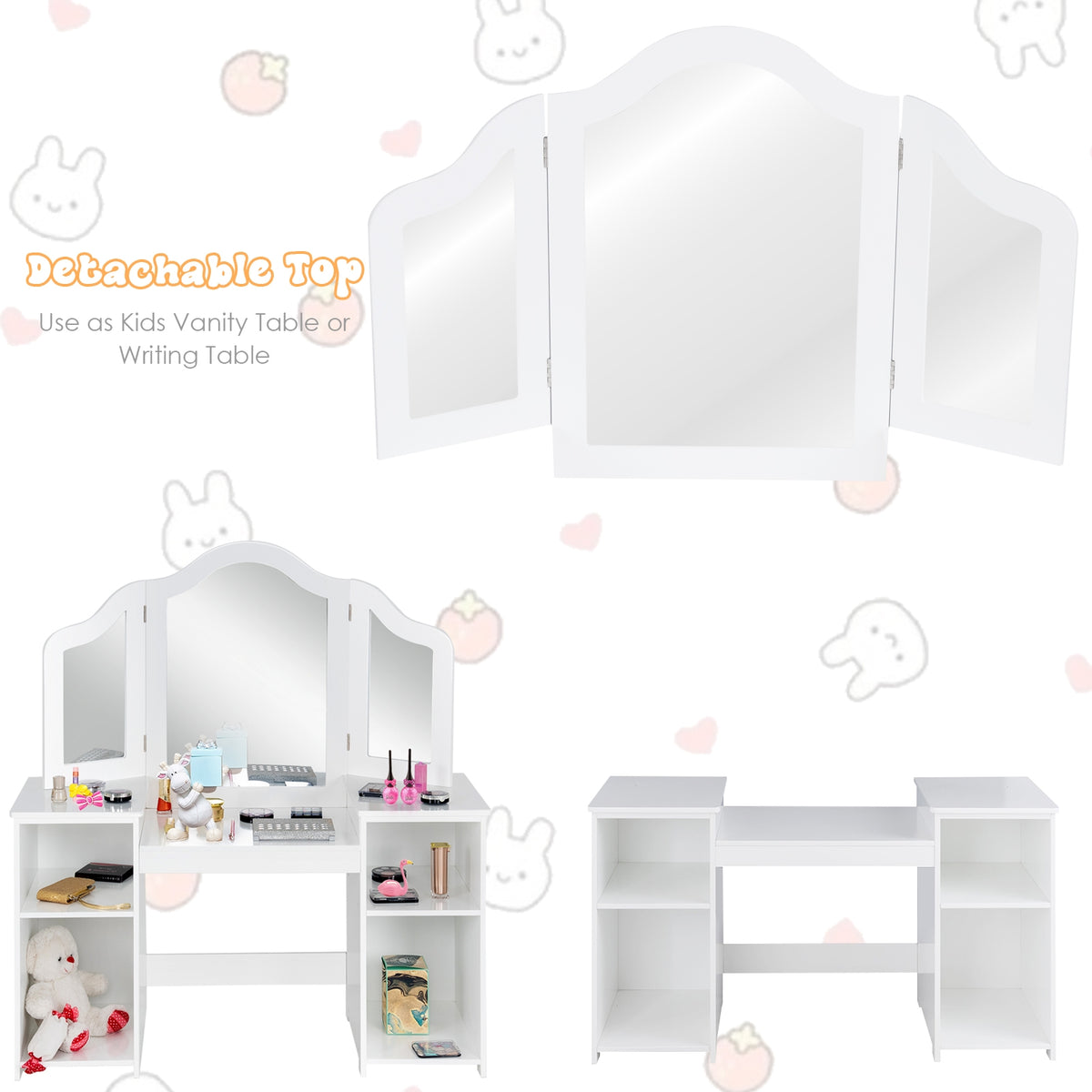 Kids Vanity Dressing Table with Tri-Fold Mirror & Storage - White, Detachable Design