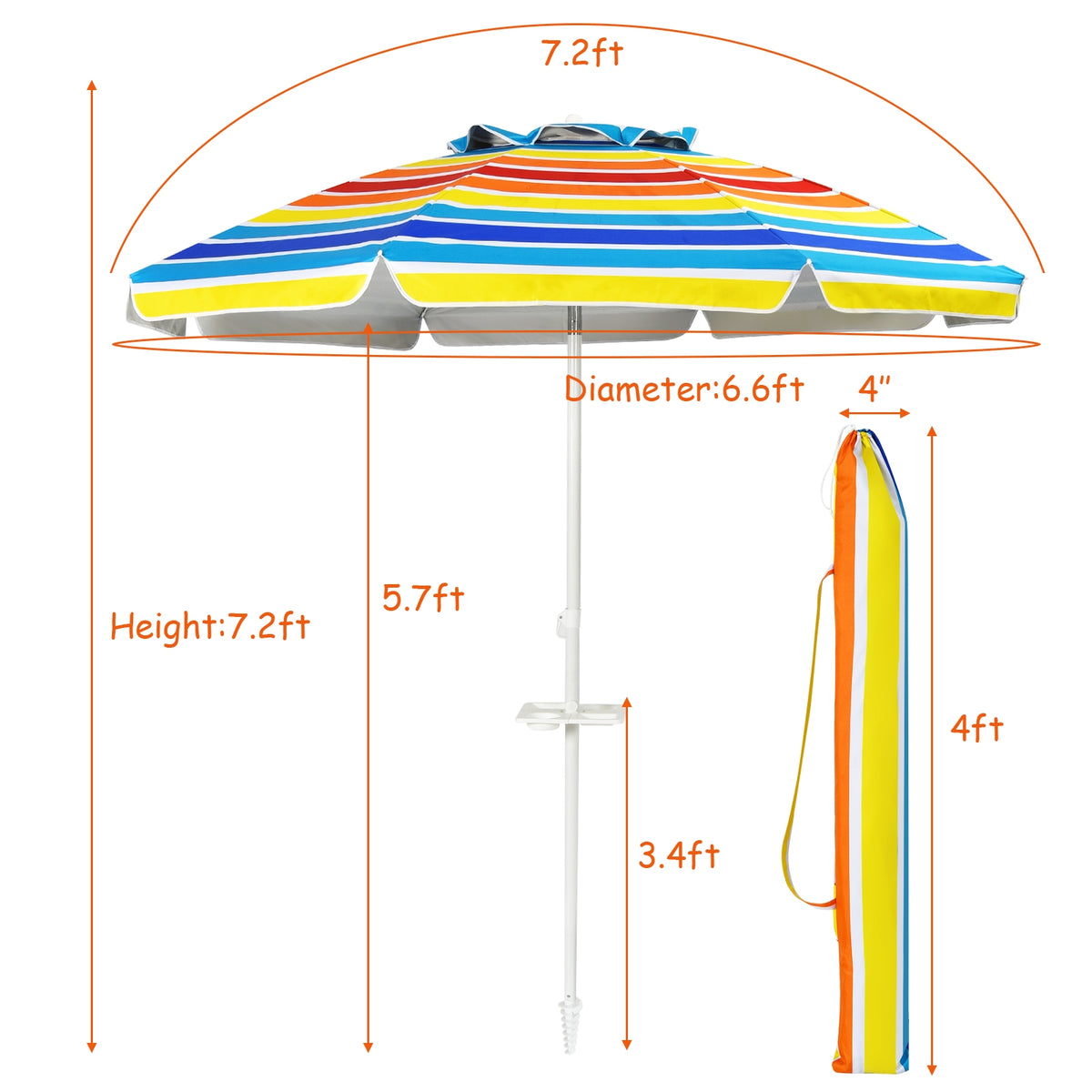 7.2 FT Beach Umbrella with Sand Anchor & Tilt – Multicolor