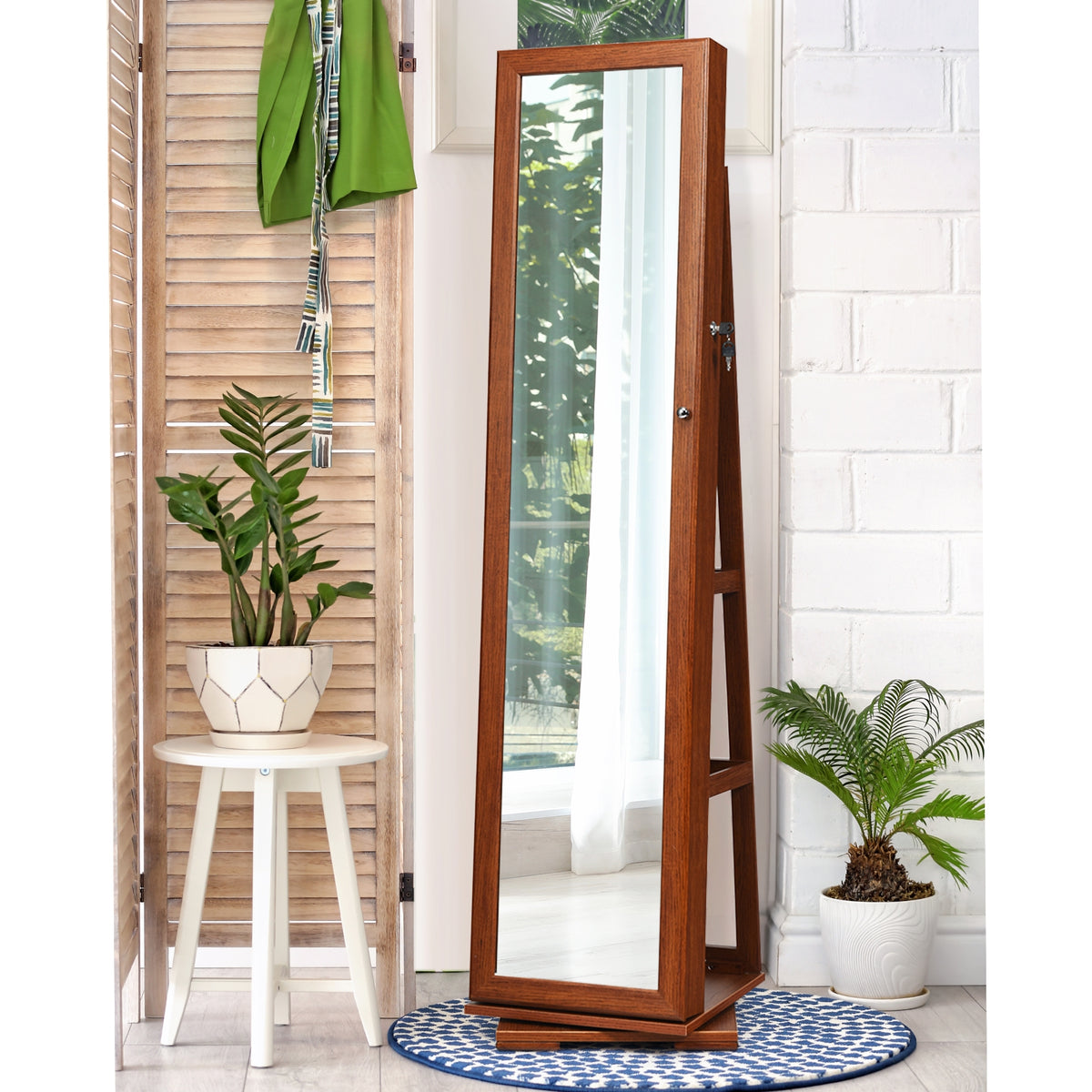 360° Rotatable Jewelry Cabinet with Mirror - Green, 3 Shelves