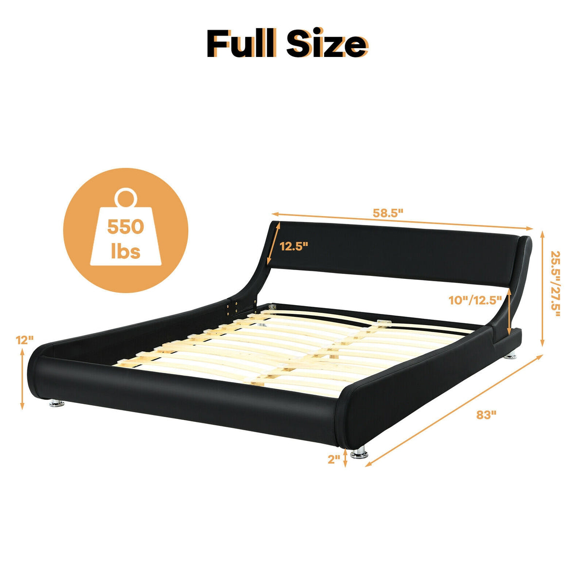 Full Size Platform Bed with Adjustable Headboard - Black Faux Leather