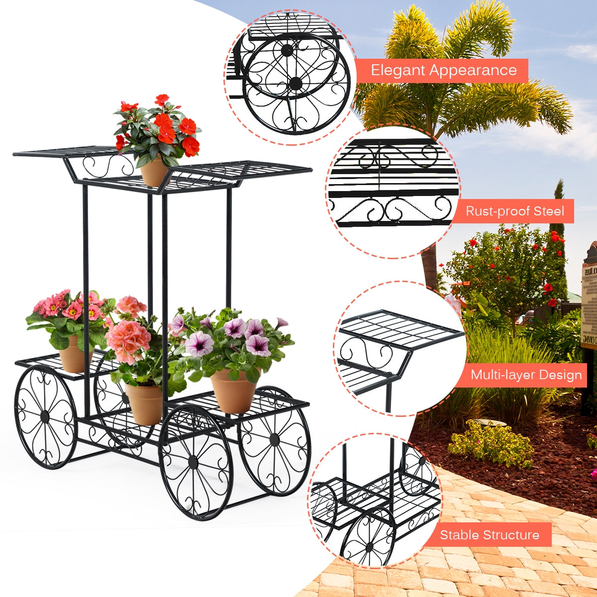 6-Tier Garden Cart Flower Rack Display Decor Pot Plant Holder
