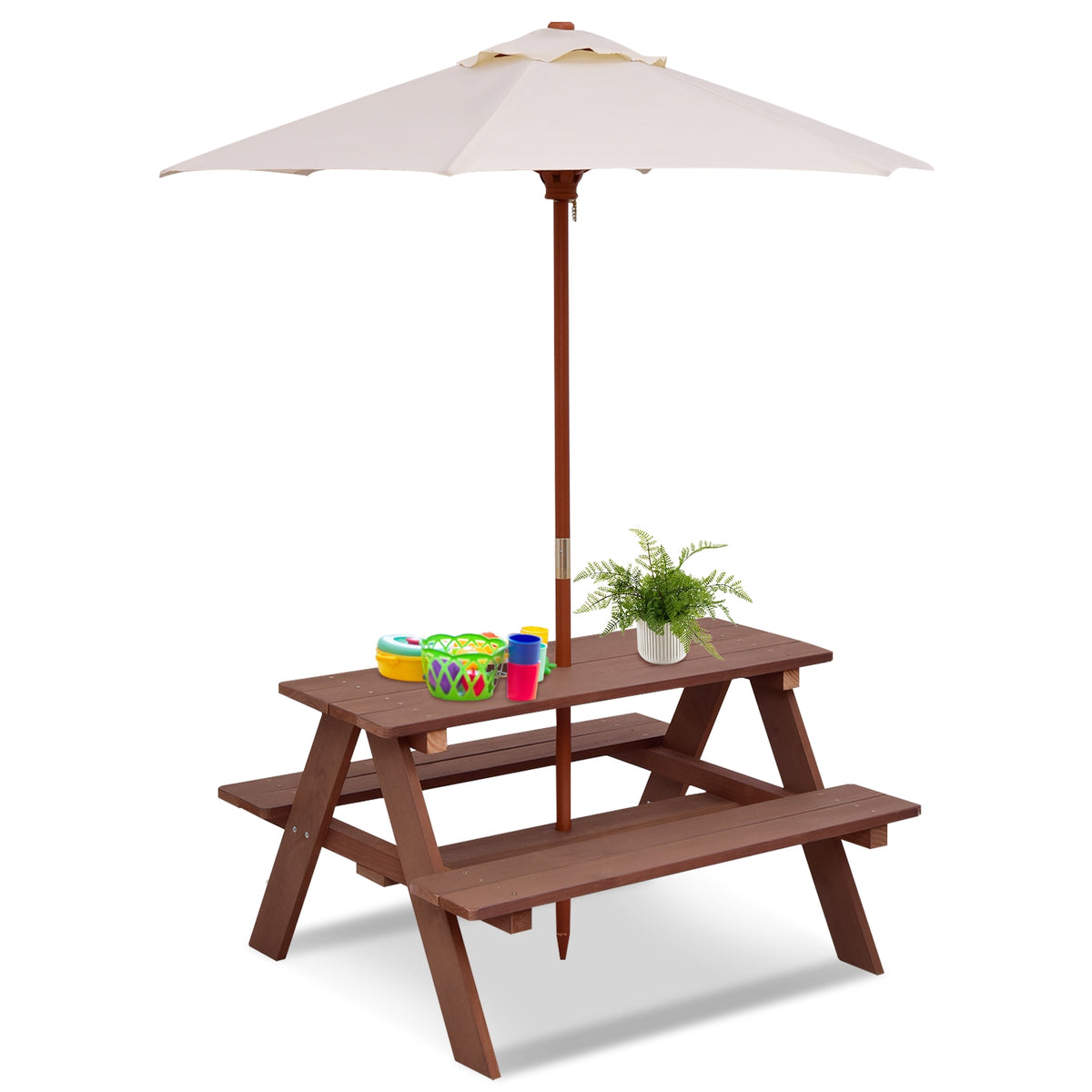 Kids Picnic Table Set with Removable Umbrella - Brown, 4 Seats