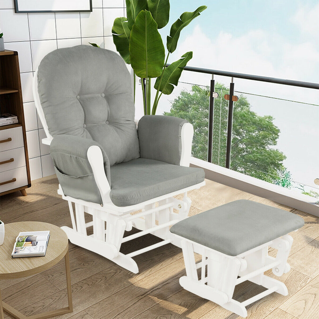Wood Glider and Ottoman Set with Storage Pocket - Light Gray