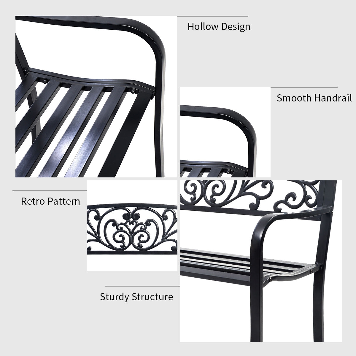 50-Inch Patio Park Bench, Steel Frame & Cast Iron Backrest - Style 2