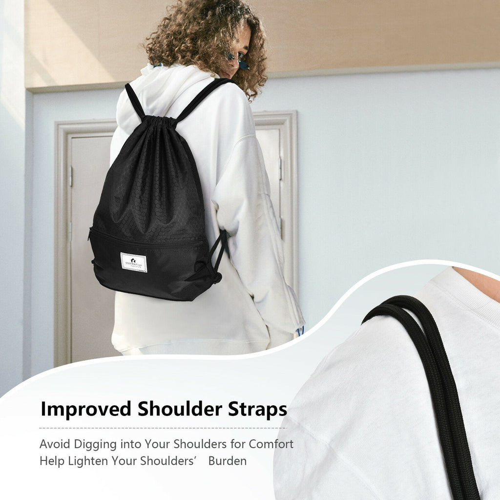 Drawstring Backpack with Zipper Pocket - Black