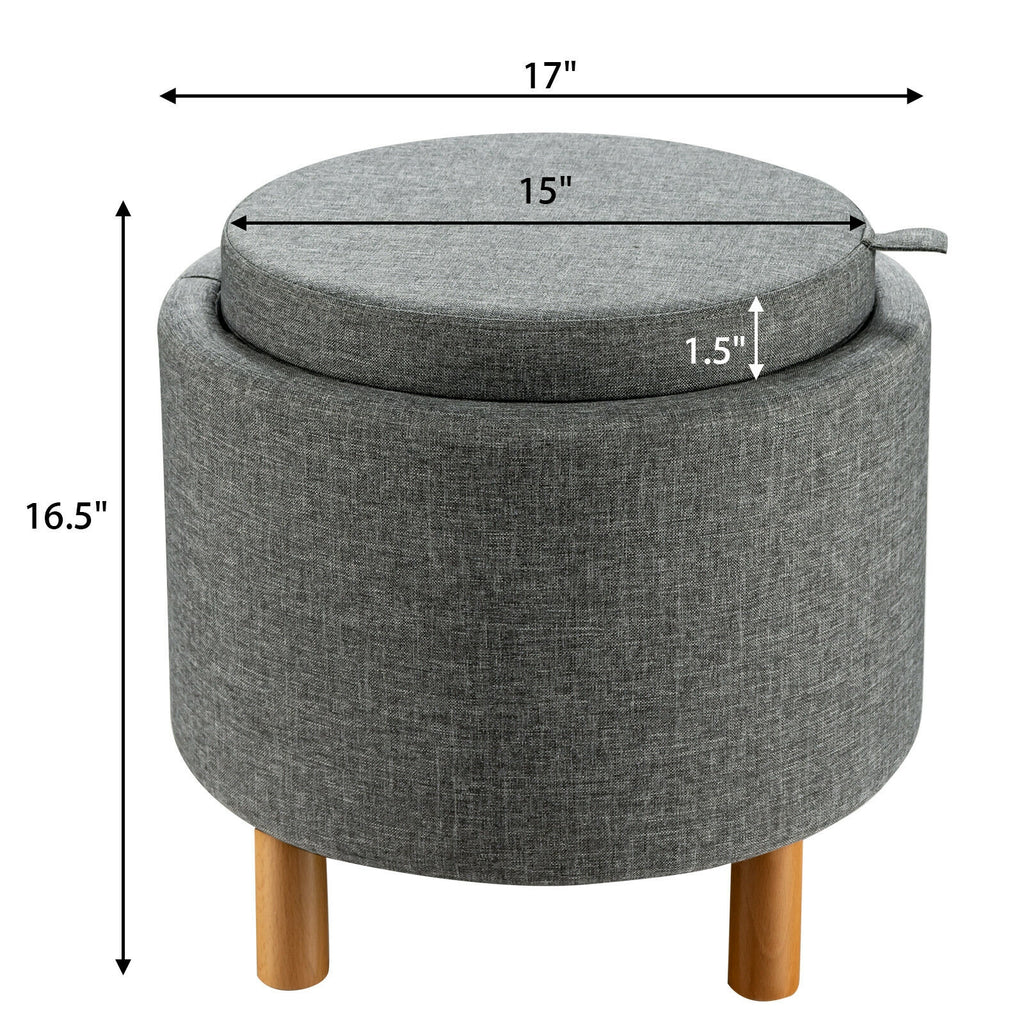 Round Fabric Storage Ottoman with Tray, Gray