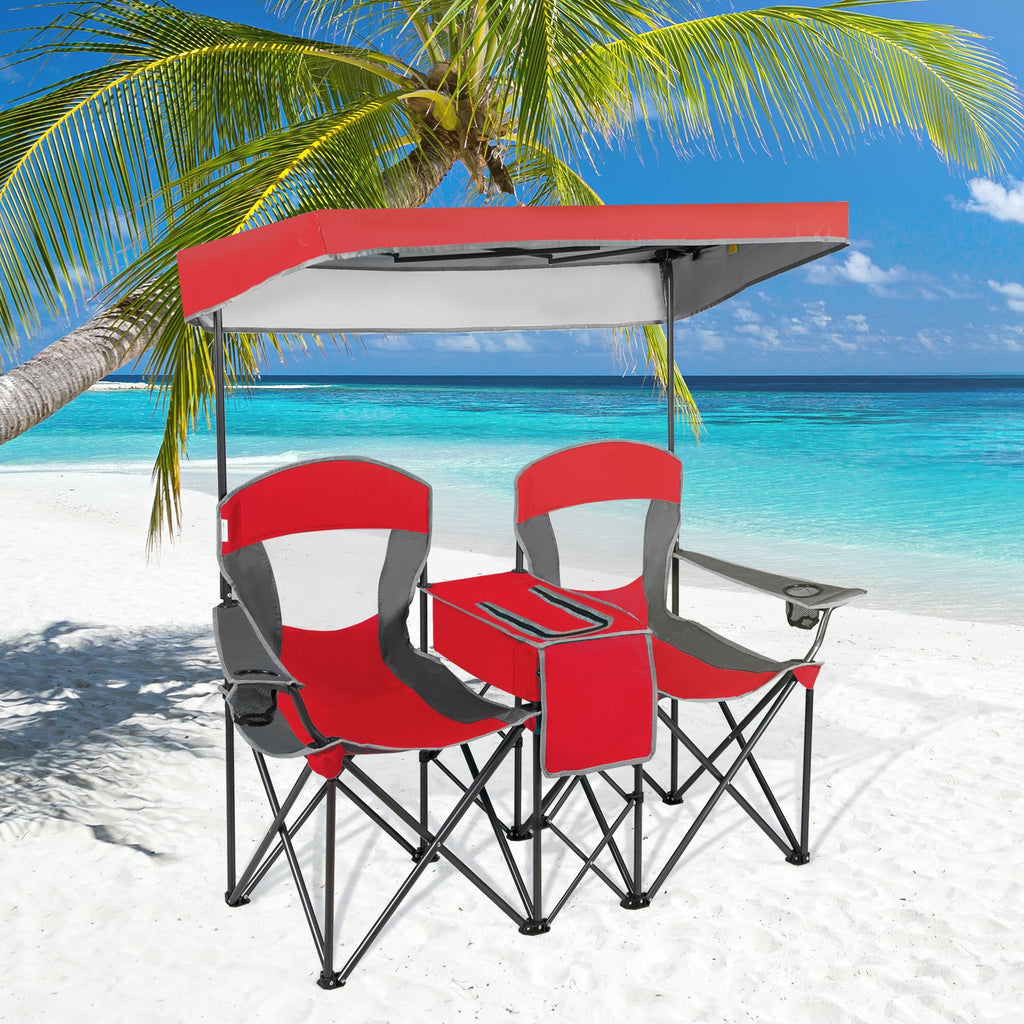 Portable Folding Camping Chair with Canopy & Cup Holder - Red