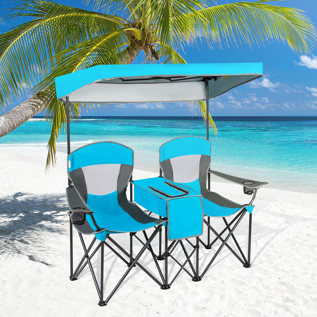Folding Camping Chair with Canopy and Cup Holder - Blue