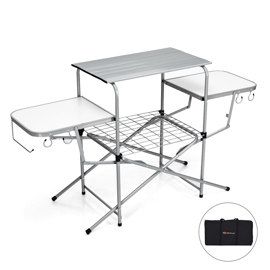 Foldable Outdoor BBQ Grilling Table with 2 Side Tables