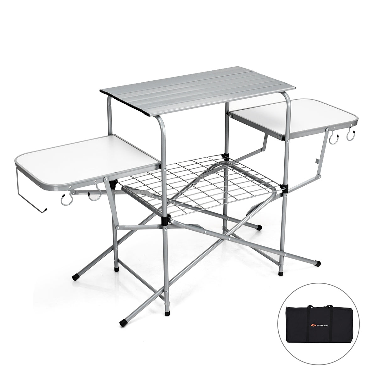 Foldable Outdoor BBQ Grilling Table with 2 Side Tables