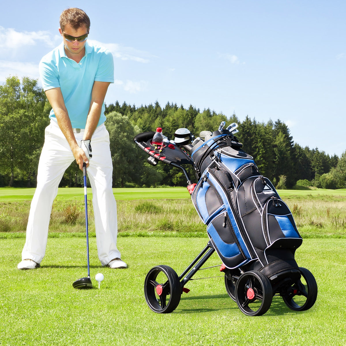 4 Wheel Folding Golf Push Cart Trolley with Adjustable Handle & Accessories