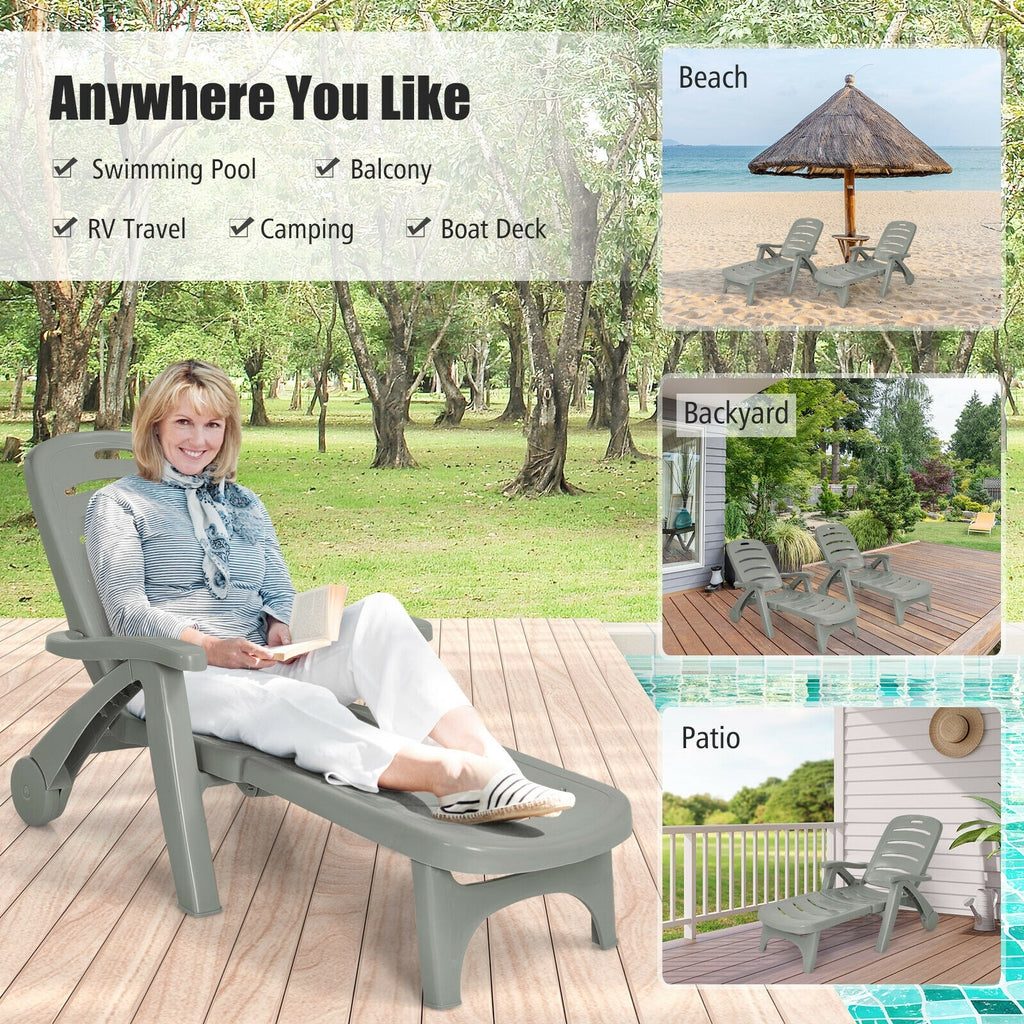 5-Position Adjustable Folding Chaise Lounge Chair with Wheels - Gray