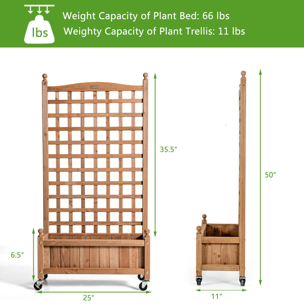 50 Inch Wood Planter Box with Trellis Mobile Raised Bed for Climbing