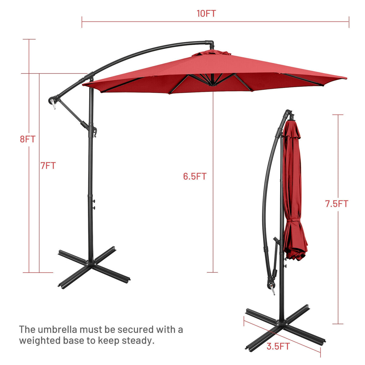 10x8 Ft Cantilever Umbrella with 8 Ribs & Cross Base, Red