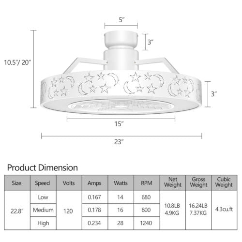 White 23-Inch Ceiling Fan with LED Light and Remote Control
