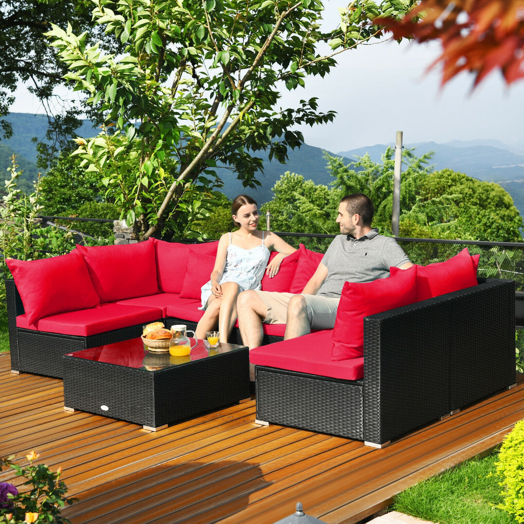 7-Piece Sectional Wicker Sofa Set with Coffee Table - Black Rattan, Red
