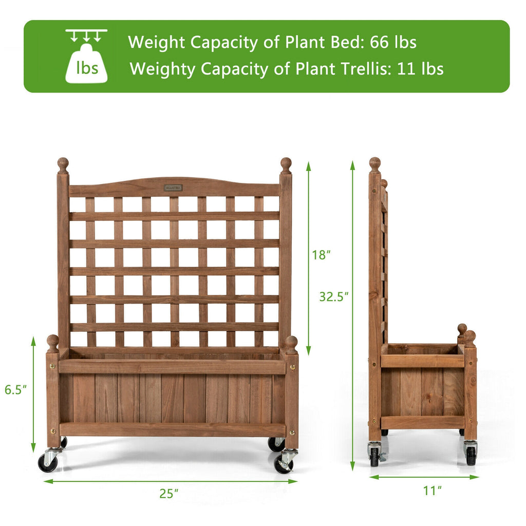 32in Wood Planter Box with Trellis Mobile Raised Bed for Climbing