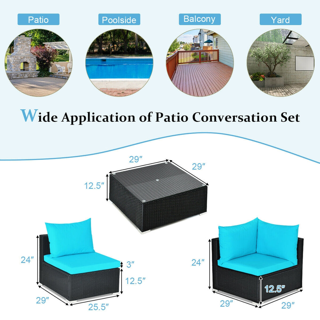 7 Pieces Sectional Wicker Sofa Set with Coffee Table - Black Rattan, Blue
