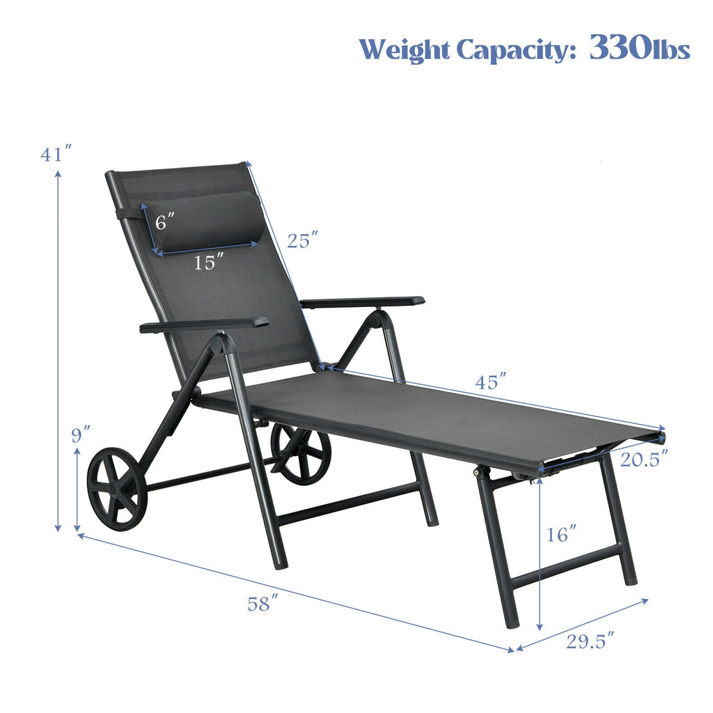 Patio Lounge Chair with Wheels Neck Pillow Aluminum Frame Adjustable