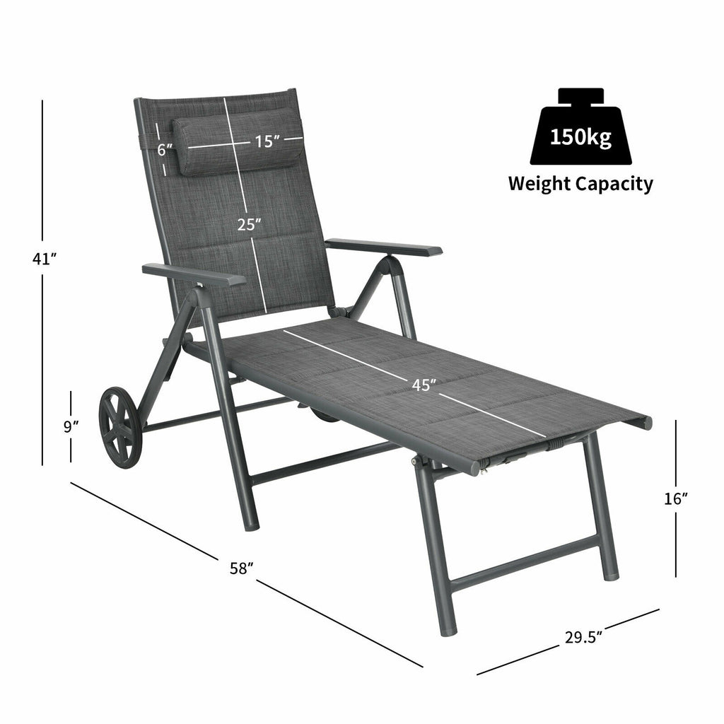 Patio Reclining Chaise Lounge with Adjustable Pillow - Gray