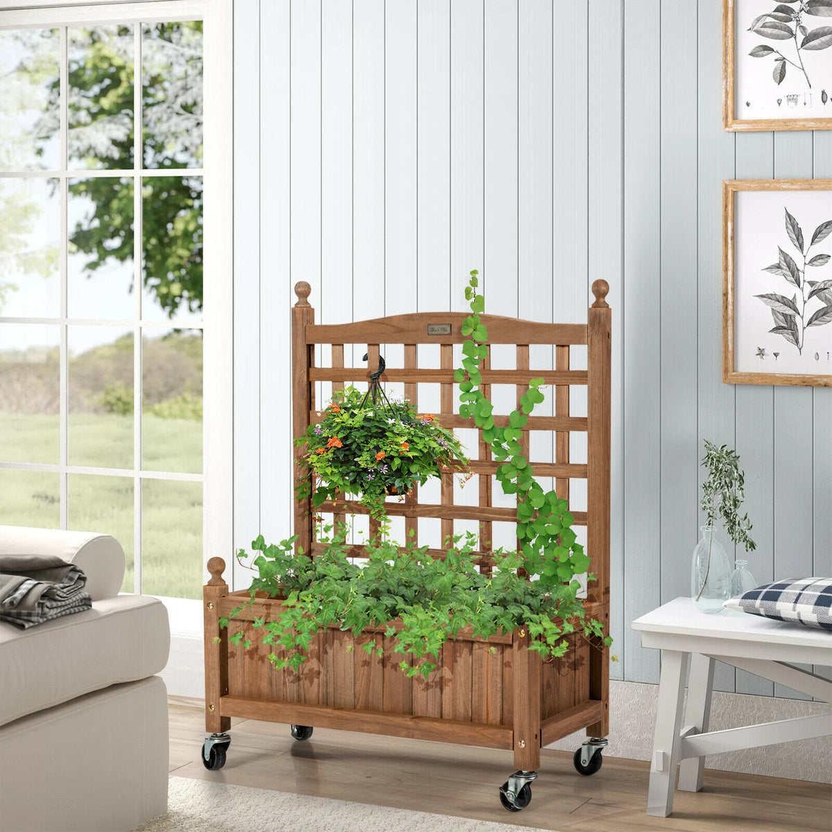 32in Wood Planter Box with Trellis Mobile Raised Bed for Climbing