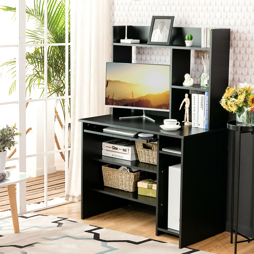 Home Office Computer Desk with Bookcase & Keyboard Tray - White