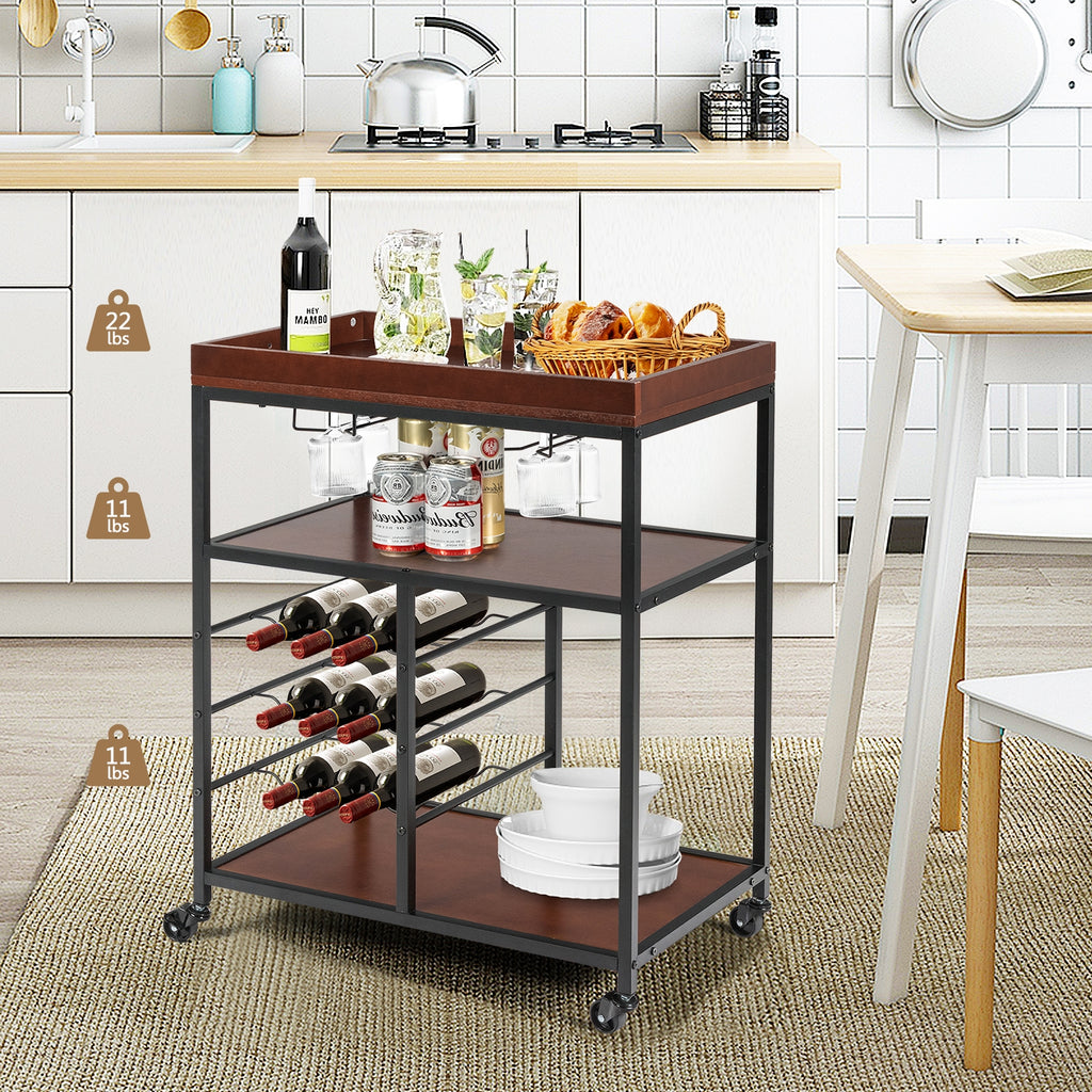 3-Tier Bar Cart with Wine Rack - 2 Row Glass Holders