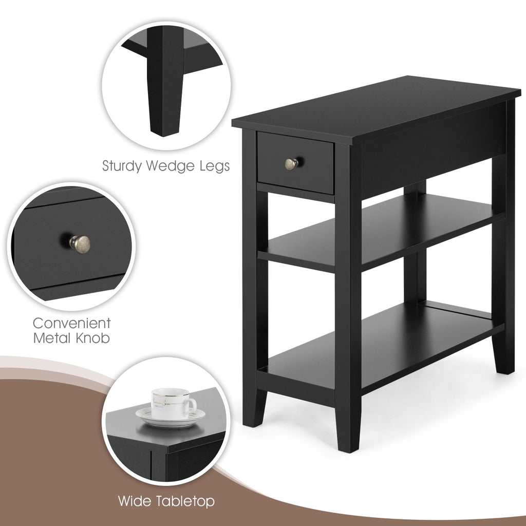 3-Tier End Table with Drawer & Shelves – Black