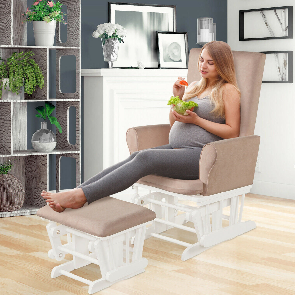 Nursery Glider Rocking Chair with Ottoman Set - Pink Rectangular Backrest