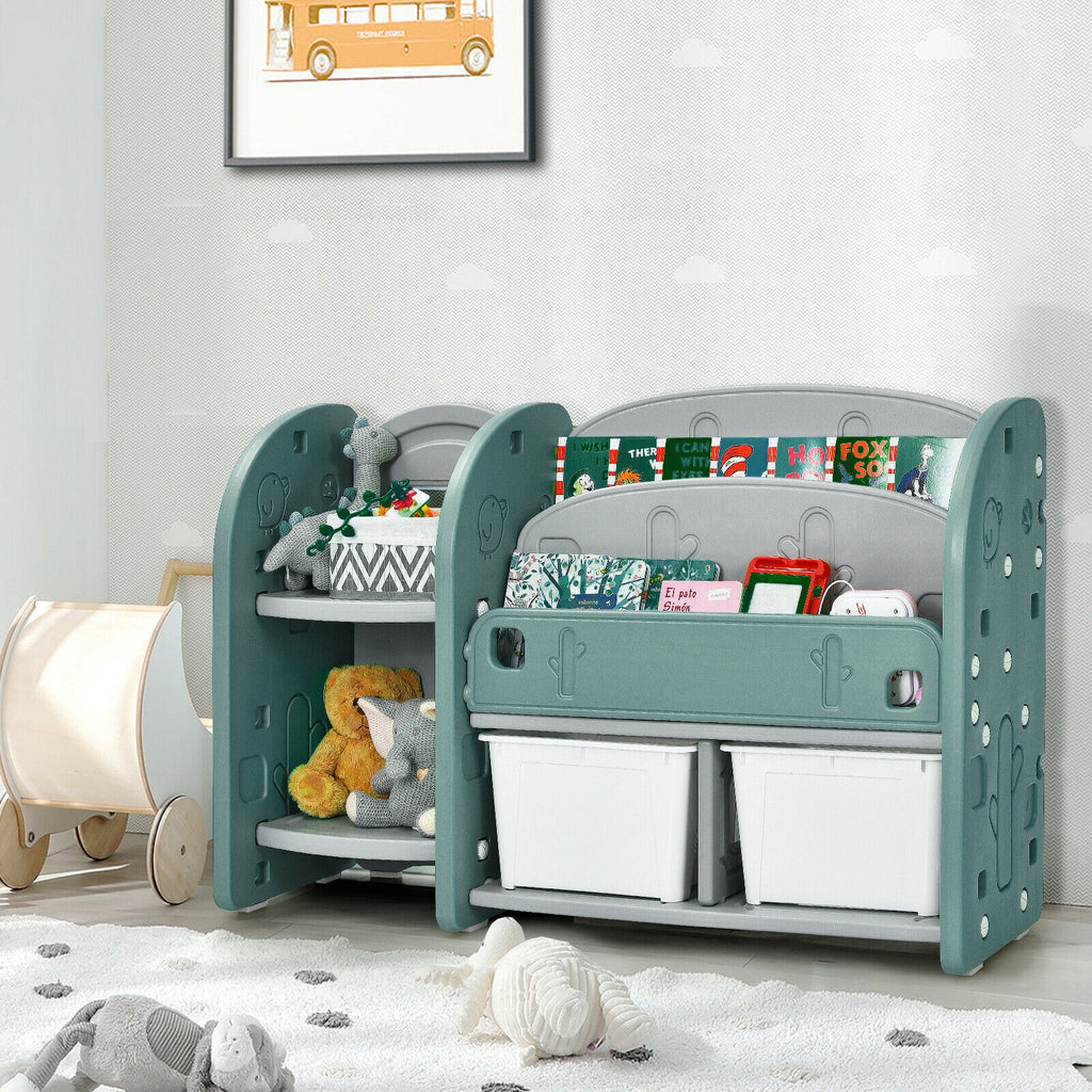 Kids Toy Storage Organizer with 2-Tier Bookshelf and Plastic Bins - Safe, Durable & Kid-Friendly
