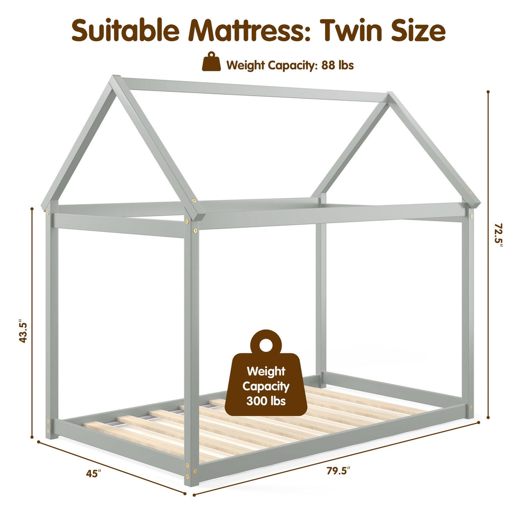 Twin Size Kids House Bed Frame with Roof - Gray