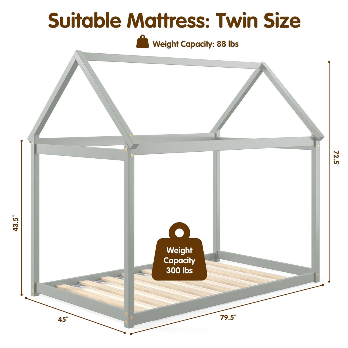 Twin Size Kids House Bed Frame with Roof - Gray