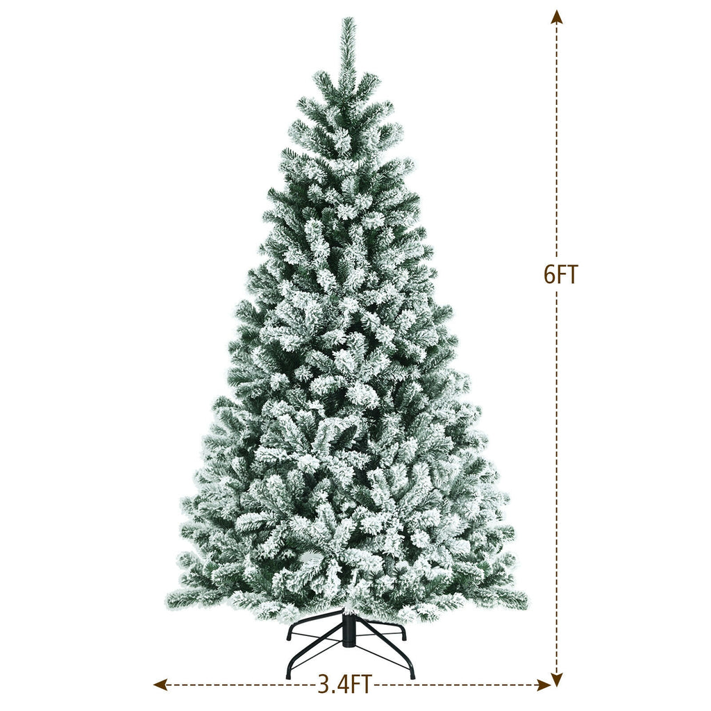 6 Ft Pre-lit Snow Flocked Christmas Tree with Metal Stand - Hinged Design