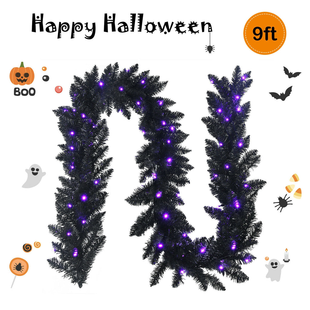 9 Feet Pre-lit Halloween Christmas Garland with Purple LED Lights - Black Theme, Waterproof, Timer, Costway