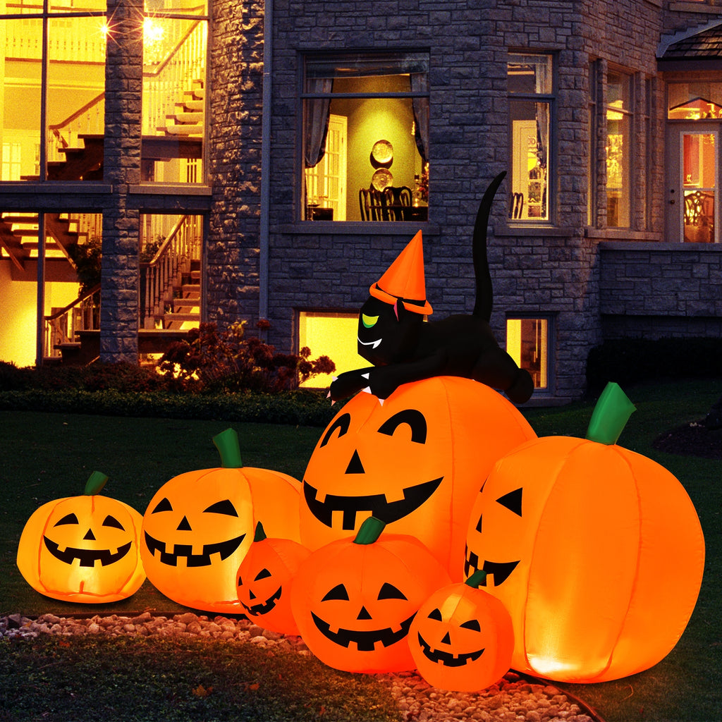 Halloween Inflatable Pumpkin Combo with Witch and Black Cat - 7.5 Feet, Includes Variation of 7 Pumpkins with Cat