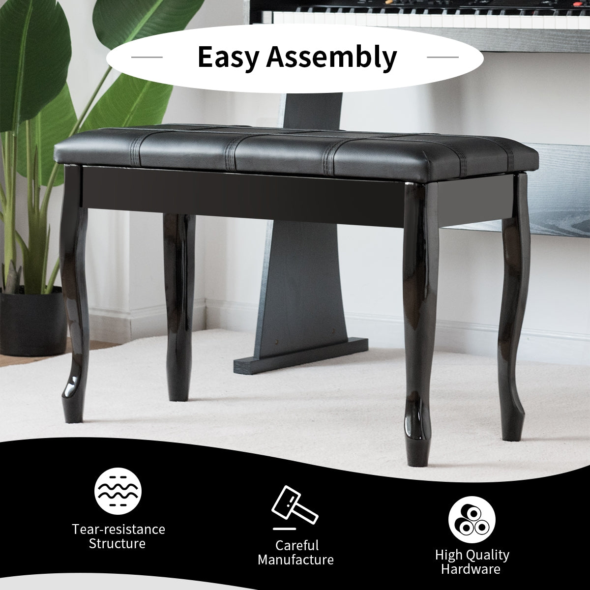 Piano Bench with Storage - Solid Wood, Black Bent Legs
