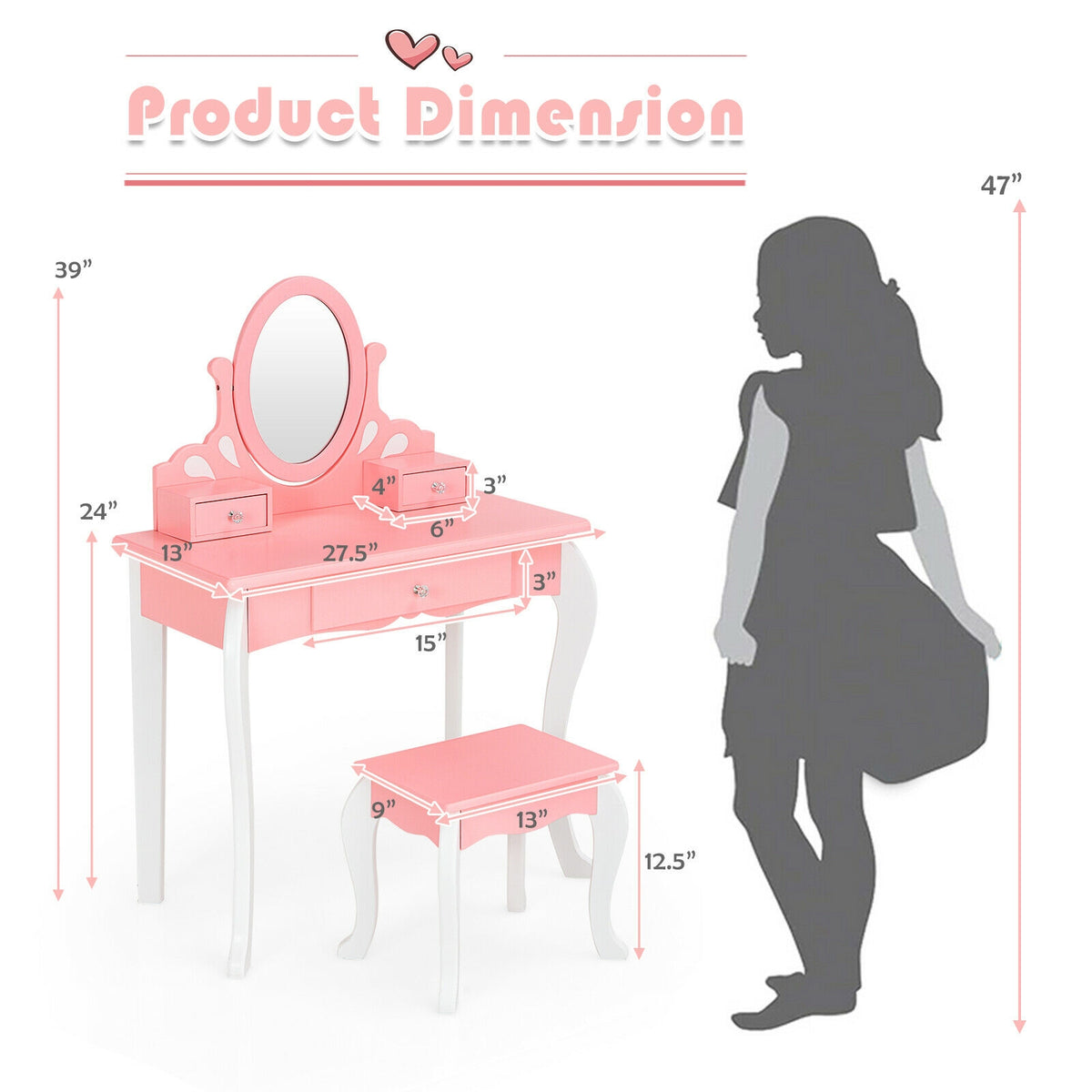 Kids Princess Makeup Dressing Vanity Set with Mirror and Drawer - Pink