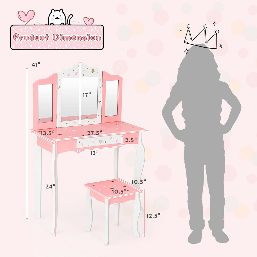 Kids Princess Vanity Table and Stool Set with Tri-Fold Mirror - Pink - Kids Bedroom Furniture