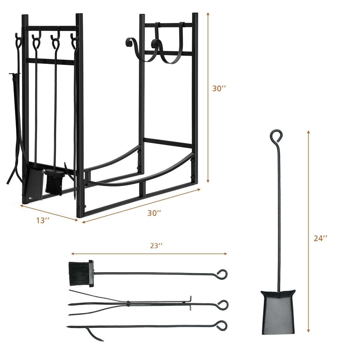 30-Inch Firewood Rack with 4-Tool Set & Kindling Holders