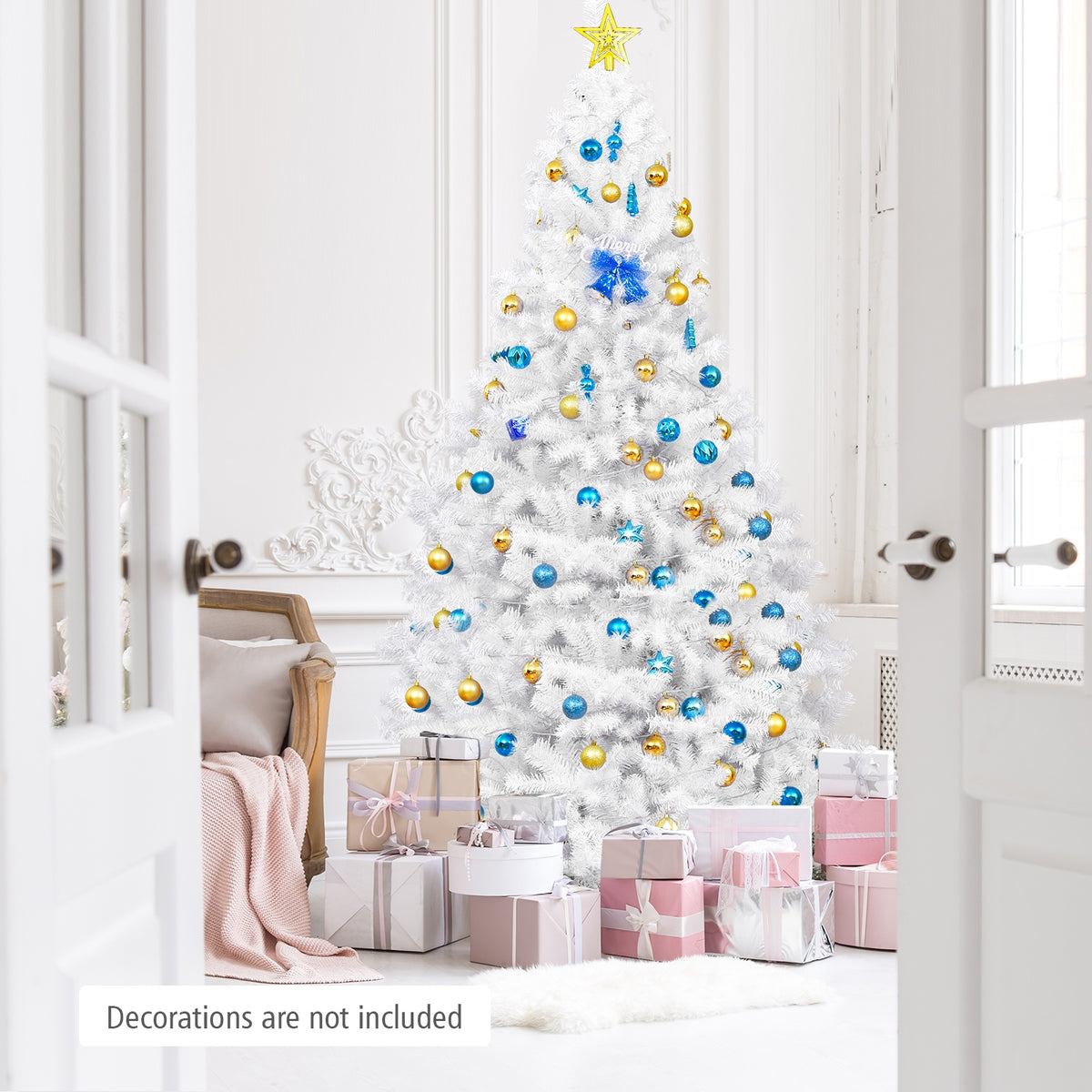 7.5 ft White Artificial Christmas Tree with Metal Stand - Foldable, Realistic Branches